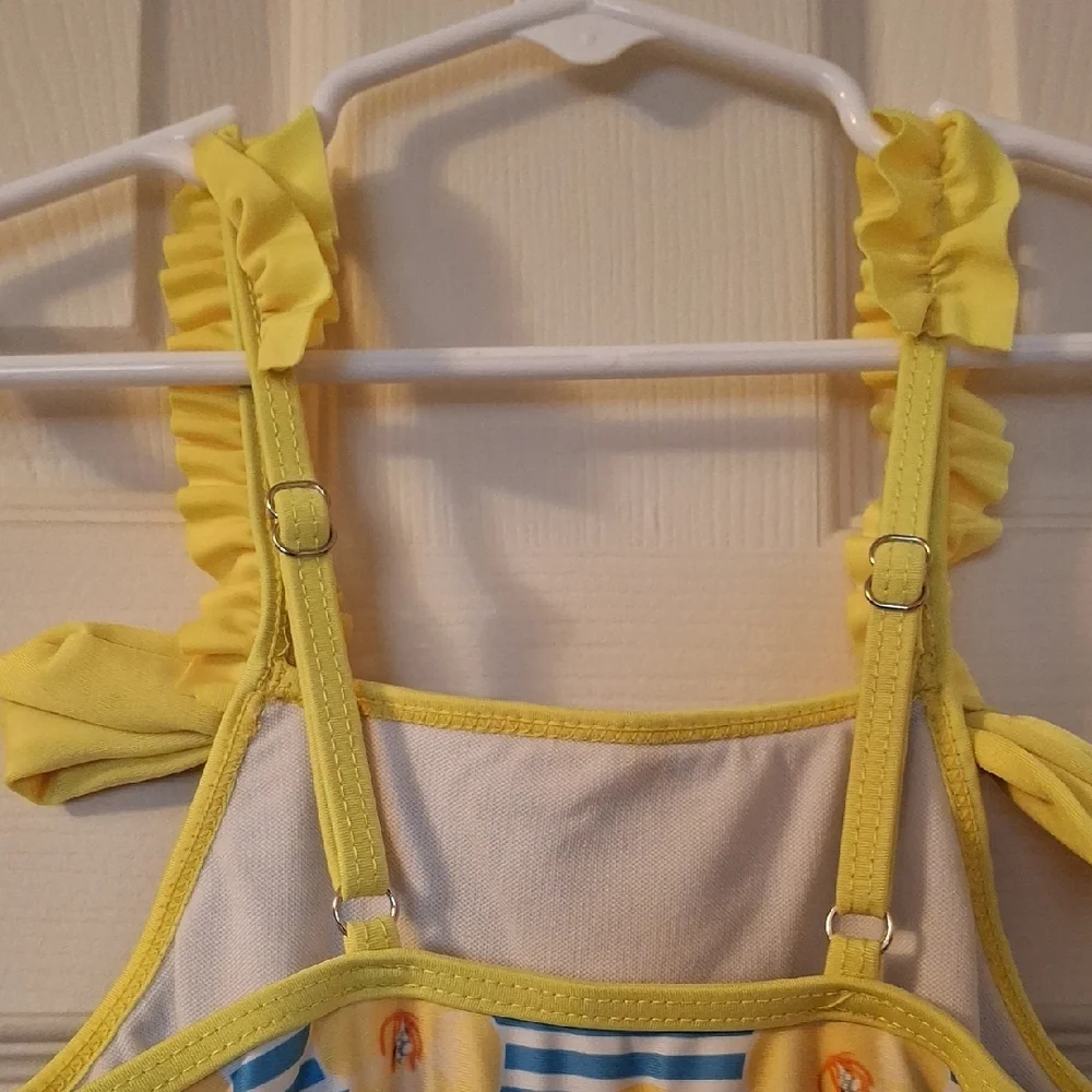 Yellow Floral and Blue Striped Swimsuit